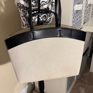 GAP Black Vegan Leather and Cream Linen Tote Bag NWT
